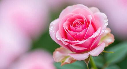 Fototapeta premium Delicate Pink Rose with Water Droplets in Soft Focus Garden