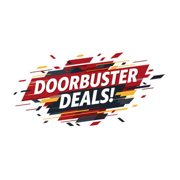 Doorbuster Deals! Dynamic abstract graphic banner for sales and promotions. Modern vector illustration with geometric shapes for retail advertising and special offers.
