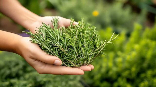 Hands holding rosemary and thyme herbs in a garden