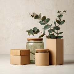 kraft box with glass jar bamboo lid and recycled tape on stone