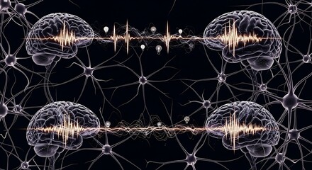 Interconnected brains and neural networks displaying synchronized brainwave patterns and data