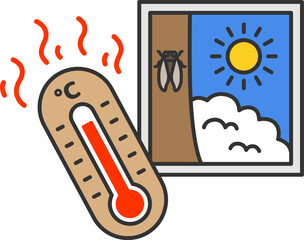 猛暑日｜真夏の太陽と高温を示す温度計のイラスト（夏・熱中症注意）