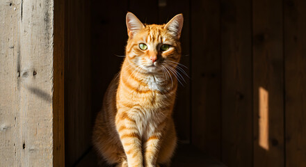 Ginger tabby cat sitting in sunlight with dramatic shadows