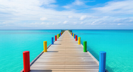 Obraz premium Wooden Pier with Colorful Posts Extending Over Aqua Sea on Sunny Day