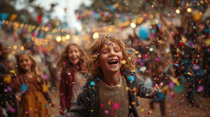 Group of smiling children enjoying confetti shower during outdoor celebration event