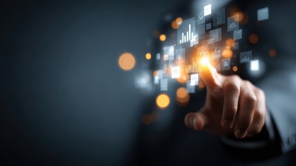 Man's finger interacts with floating data charts and graphs on a dark background