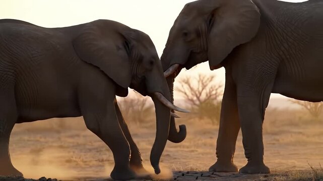 Two elephants fighting with tusks in wild African savanna 
