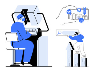 Professional researching on a computer, smartphone showing social media and retail metrics, person climbing bar charts. Ideal for digital marketing, analytics, e-commerce, growth strategy