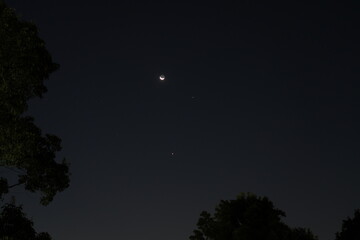 Fototapeta premium Tokyo,Japan - August 20, 2025: The thin moon with earthshine, Jupiter and Venus on the eastern sky at dawn.