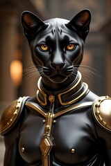 Majestic Black Cat Warrior in Gold Armor