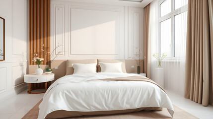 Modern luxury elegant bedroom with spring vibes with flowers and bed with white sheets. interior decoration. Well-appointed interior design. template.