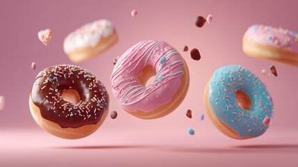 Vibrant floating donuts with chocolate, pink, and blue icing in playful motion.     A delicious confectionery fantasy celebrating indulgence, color, and joy for tempting bakery advertising 