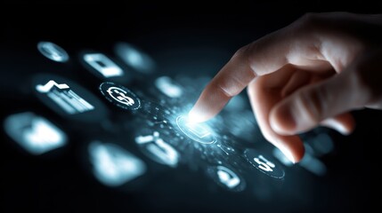 Man's finger interacts with floating data charts and graphs on a dark background