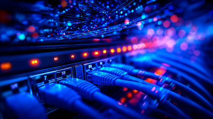 Fototapeta premium Ethernet cables plugged into a data center panel with status lights, illustrating connectivity, reliability, and the core infrastructure powering internet communication