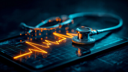  Stethoscope on a tablet over a bright ECG trace, evoking telemedicine, real time diagnostics, and patient monitoring delivered through connected medical technology.
