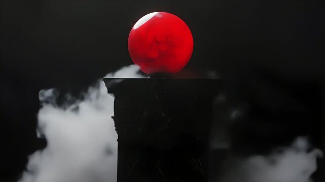 Red sphere on black pedestal with swirling white smoke