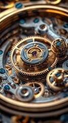 Intricate clockwork mechanism, showcasing gold gears, jeweled bearings, and precise engineering