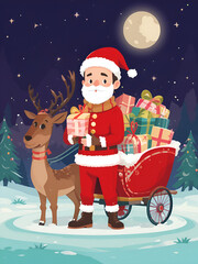 Christmas character young man in red pullower with deer holds lot gifts in flat cartoon style.