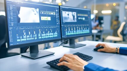 Editor working in a modern studio with video editing software and multiple screens to edit - Powered by Adobe