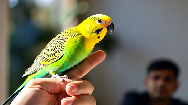 Budgie Perched on Finger: Colorful Parrot Pet Interaction
