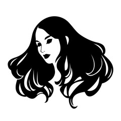 Stylized portrait. Head of a woman with long flowing hair. Black silhouette on a white background