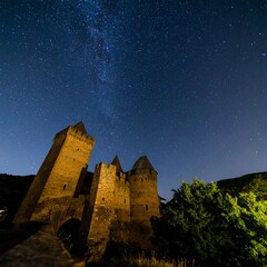 Medieval fortress under a starry sky