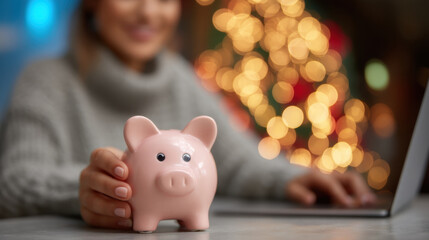 Obraz premium Person holding pink piggy bank while sitting at desk with laptop, surrounded by festive bokeh lights in background, conveying sense of financial planning and holiday spirit