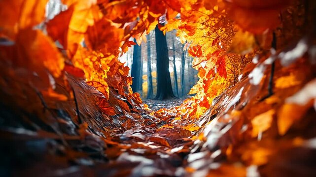 A vibrant tunnel of autumn leaves leads into a serene forest, illuminated by golden sunlight.