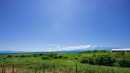高原の牧場からのパノラマ風景