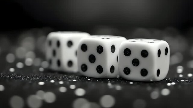 Three white dice with black pips on a black sparkling surface