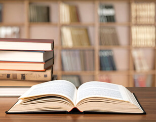 Fototapeta premium Open book and stack of books on a desk, with a blurred bookshelf in the background, representing education, knowledge, and learning.