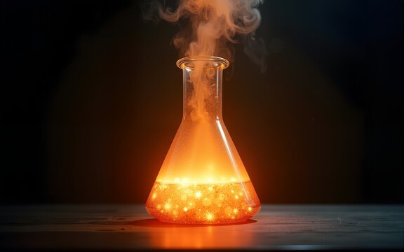 Glowing alchemical flask with radiant energy, symbolizing transformation and abstract concepts against a dark backdrop. High quality