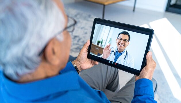 Senior man having a virtual doctor's appointment on a tablet - Powered by Adobe