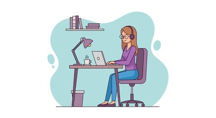 A focused woman wearing headphones works comfortably on her laptop at a home office desk, suitable for remote work, education, or online business concepts.