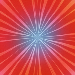 Abstract vibrant red sunburst, graphic sun ray design in red and blue hues with glitter surface texture background. 