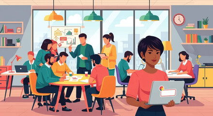 Diverse business professionals collaborate and innovate in a bright, modern office, engaged in teamwork, meetings, and individual work for successful project outcomes.