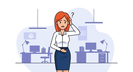 Confused businesswoman in an office, indicating problems, stress, or a difficult decision. Perfect for illustrating challenges, anxiety, or solutions in business.