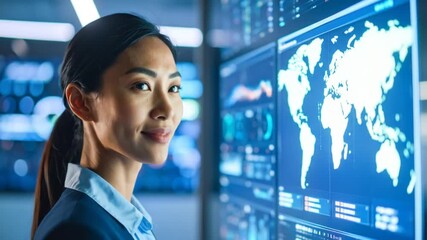 Asian Businesswoman Analyzing Global Data Displayed on a Large Digital Screen for Strategy - Powered by Adobe