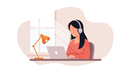 Woman in headphones working on laptop at a home office desk, illustrating remote work, online learning, or virtual communication.