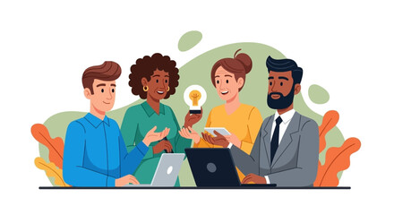 Diverse business team collaborating on new ideas and innovative solutions. Professionals brainstorming and sharing concepts in a modern work environment.