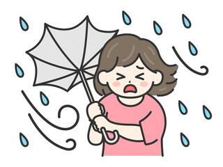 台風の日に傘が裏返ってしまった、私服姿の女性のイラスト｜強風・大雨・台風の日