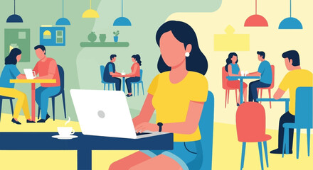 Productive woman using laptop in a bustling cafe, capturing modern work-life balance and digital connectivity. Ideal for business, technology, and lifestyle.