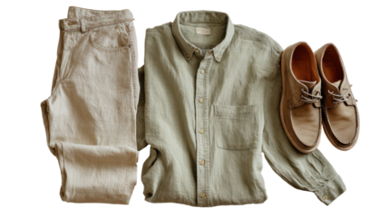 Neutral-toned men’s summer outfit with beige linen pants and white shirt on white background