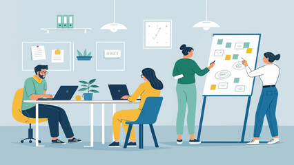 Creative team collaborating in a modern office. Professionals work on laptops and brainstorm ideas on a whiteboard, showcasing teamwork and productivity.