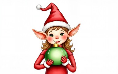 Fototapeta premium Christmas elf with festive hat holding Christmas ornament watercolor illustration. High quality