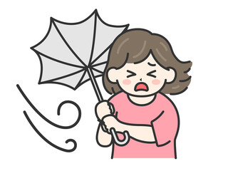 強風で傘が裏返ってしまった、私服姿の女性のイラスト｜強風・大雨・台風の日