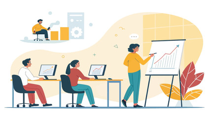 Professionals in a modern office collaborating on business growth and training, utilizing technology and presentations for success and development.