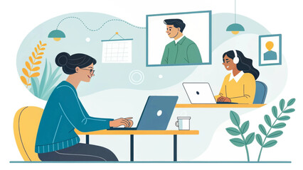 People collaborating remotely on laptops via a video conference, showcasing modern virtual teamwork and flexible work arrangements for business. Digital lifestyle.