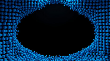 Blue voxels on carbon screen form two circular holes and reveal black background. Abstract 3D animated intro. Alpha channel as matte mask and chroma key color id included.