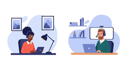 Diverse professionals collaborate remotely using headsets and laptops, representing online meetings, telecommuting, and virtual communication from home offices.